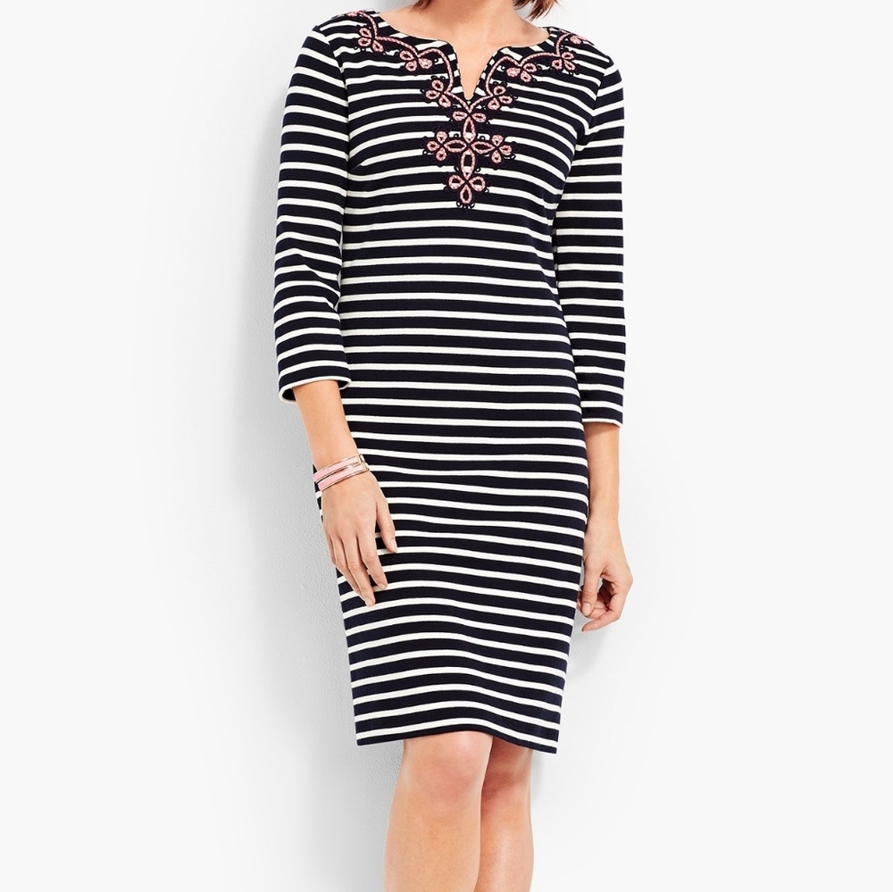 Talbots Embroidered Neckline Shift Dress Navy Blue White Stripe Cotton Medium